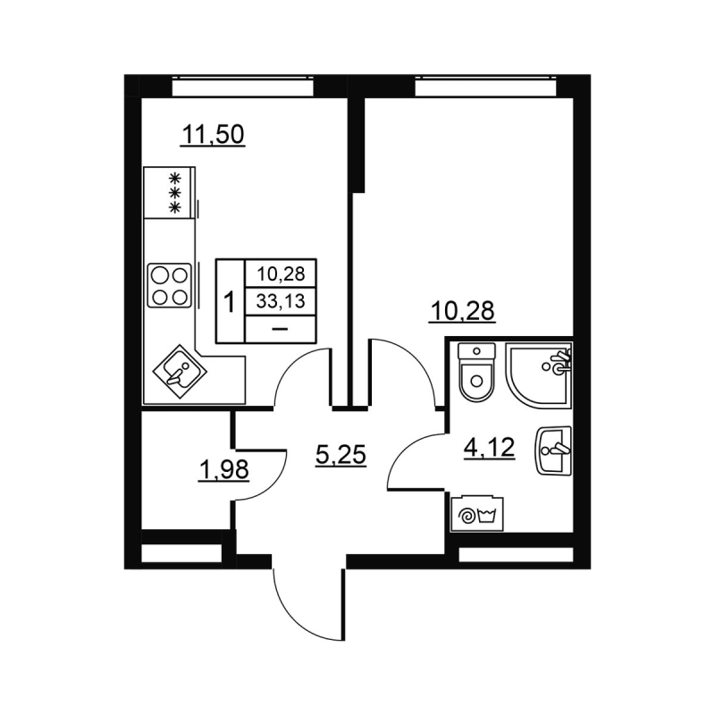 1-комнатная квартира, 33.13 м² в ЖК "Высота. Новодевяткино" - планировка, фото №1