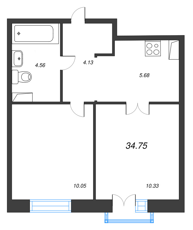 2-комнатная (Евро) квартира, 34.75 м² в ЖК "ID Polytech" - планировка, фото №1