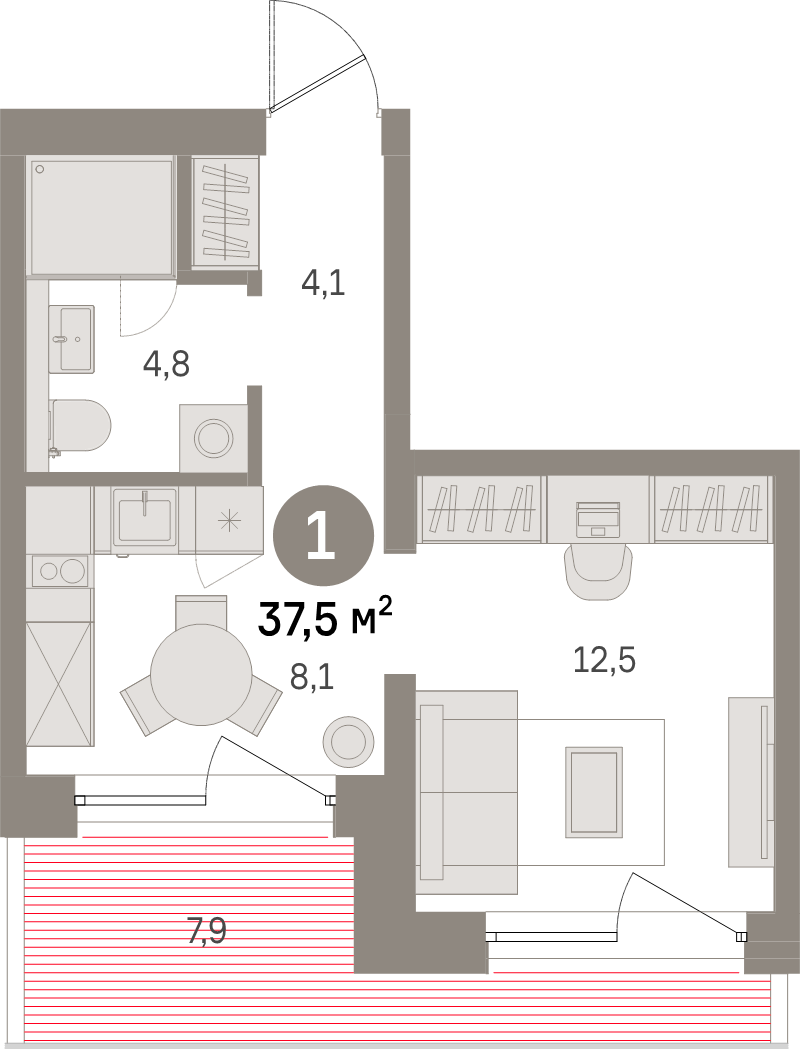 1-комнатная квартира, 37.5 м² в ЖК "Северный ветер" - планировка, фото №1