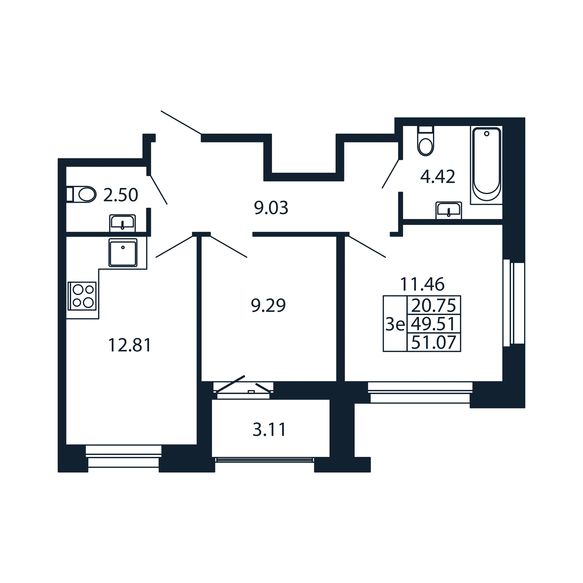 2-комнатная квартира, 49.51 м² в ЖК "Полис Новоселье" - планировка, фото №1