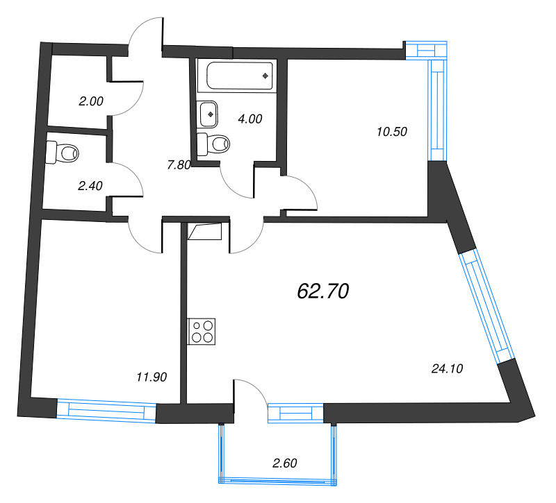 3-комнатная (Евро) квартира, 62.7 м² в ЖК "Цвет Зеленогорска" - планировка, фото №1