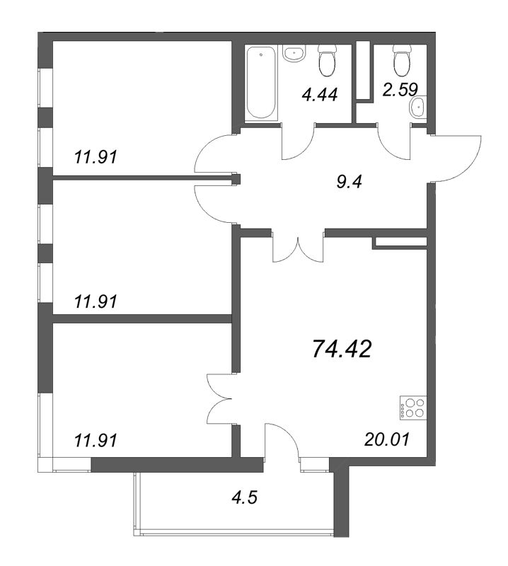 4-комнатная (Евро) квартира, 74.42 м² в ЖК "Новая история" - планировка, фото №1