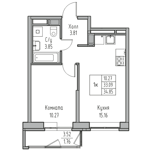 2-комнатная (Евро) квартира, 34.85 м² в ЖК "Юнтолово" - планировка, фото №1
