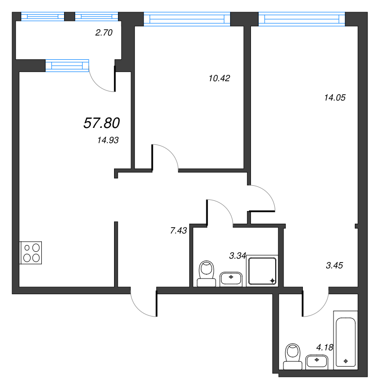 3-комнатная (Евро) квартира, 60.5 м² - планировка, фото №1