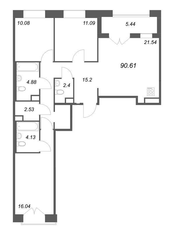 4-комнатная (Евро) квартира, 90.61 м² - планировка, фото №1