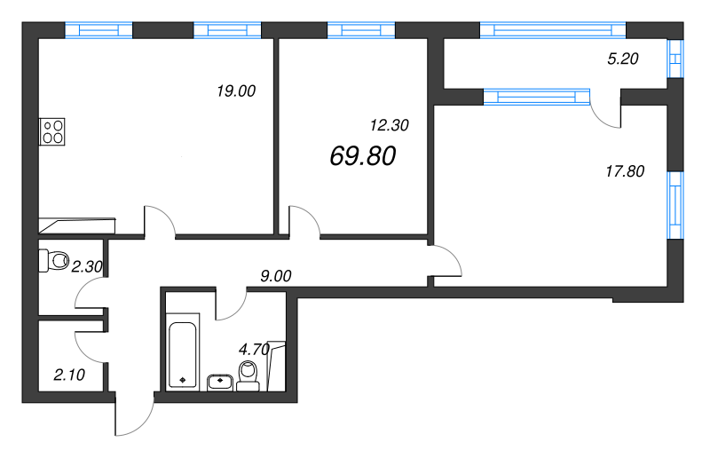 3-комнатная (Евро) квартира, 69.8 м² - планировка, фото №1