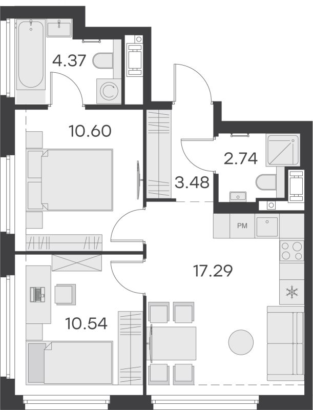 3-комнатная (Евро) квартира, 49.02 м² - планировка, фото №1