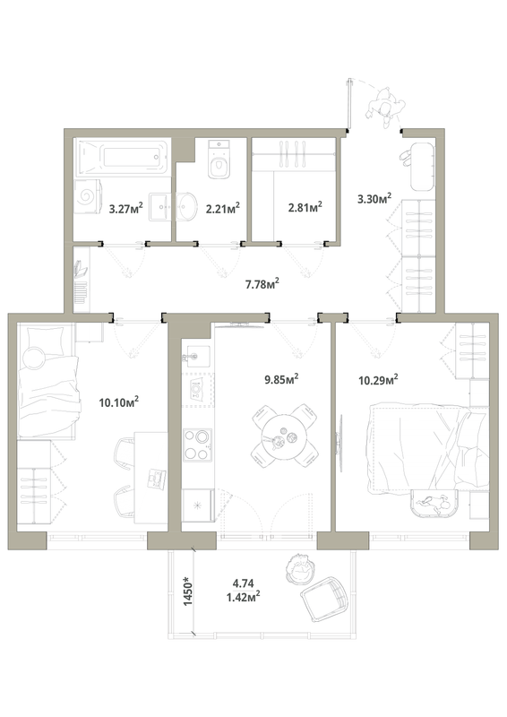 2-комнатная квартира, 51.03 м² в ЖК "Тишин" - планировка, фото №1