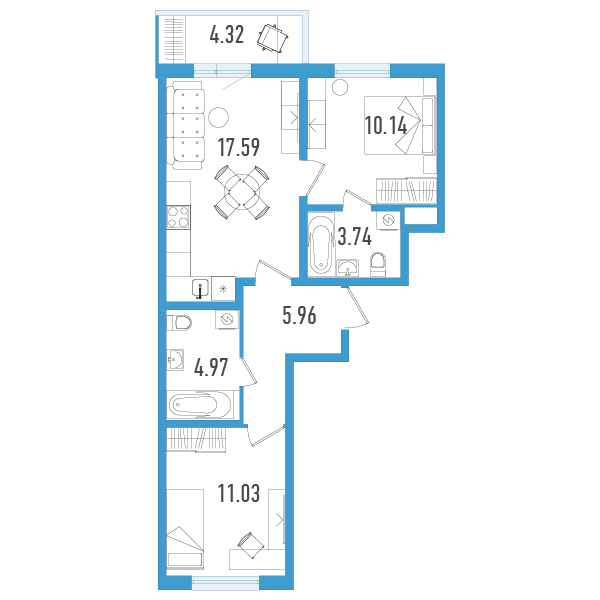 3-комнатная (Евро) квартира, 54.73 м² в ЖК "AEROCITY" - планировка, фото №1