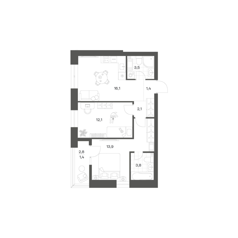 3-комнатная (Евро) квартира, 54.16 м² в ЖК "Новый Питер" - планировка, фото №1