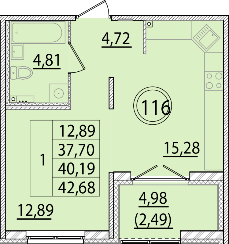 2-комнатная (Евро) квартира, 37.7 м² в ЖК "Образцовый квартал 15" - планировка, фото №1