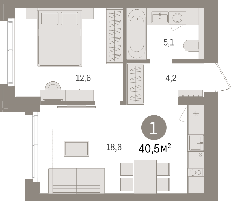 2-комнатная (Евро) квартира, 40.5 м² - планировка, фото №1