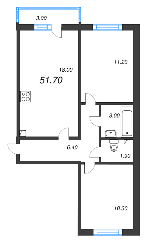 3-комнатная (Евро) квартира, 51.7 м² - планировка, фото №1