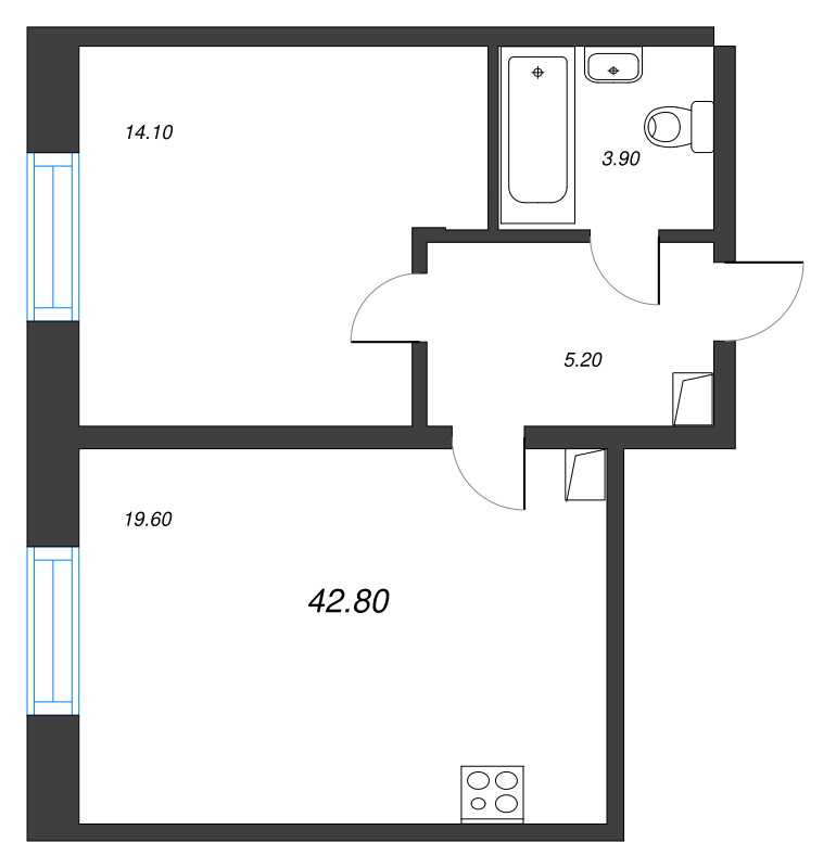 2-комнатная (Евро) квартира, 42.7 м² - планировка, фото №1