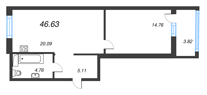 2-комнатная (Евро) квартира, 46.2 м² - планировка, фото №1