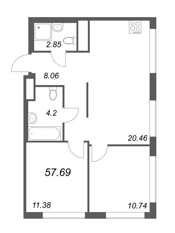 3-комнатная (Евро) квартира, 57.69 м² - планировка, фото №1