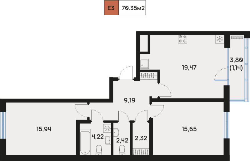 3-комнатная (Евро) квартира, 70.36 м² в ЖК "Дом Регенбоген" - планировка, фото №1