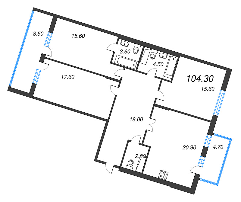 3-комнатная квартира, 104.3 м² в ЖК "Lotos Club" - планировка, фото №1