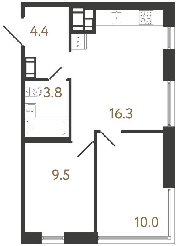 3-комнатная (Евро) квартира, 44 м² в ЖК "Передвижники 2" - планировка, фото №1
