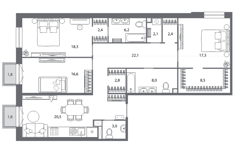 4-комнатная (Евро) квартира, 131.5 м² в ЖК "Северная корона" - планировка, фото №1