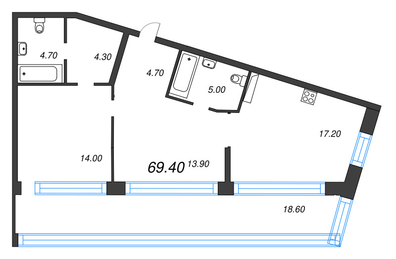 3-комнатная (Евро) квартира, 69.4 м² в ЖК "ЛДМ" - планировка, фото №1
