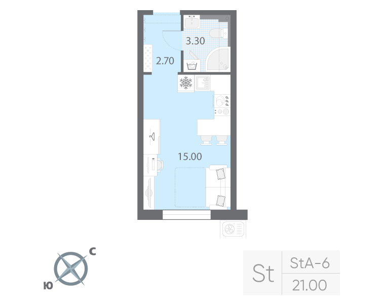 Квартира-студия, 21 м² в ЖК "Зеркальный ручей" - планировка, фото №1