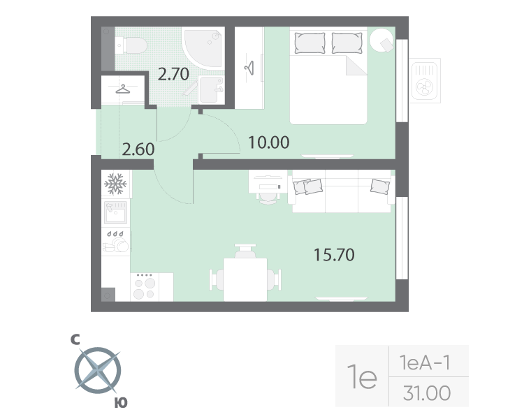2-комнатная (Евро) квартира, 31 м² в ЖК "Ручьи" - планировка, фото №1