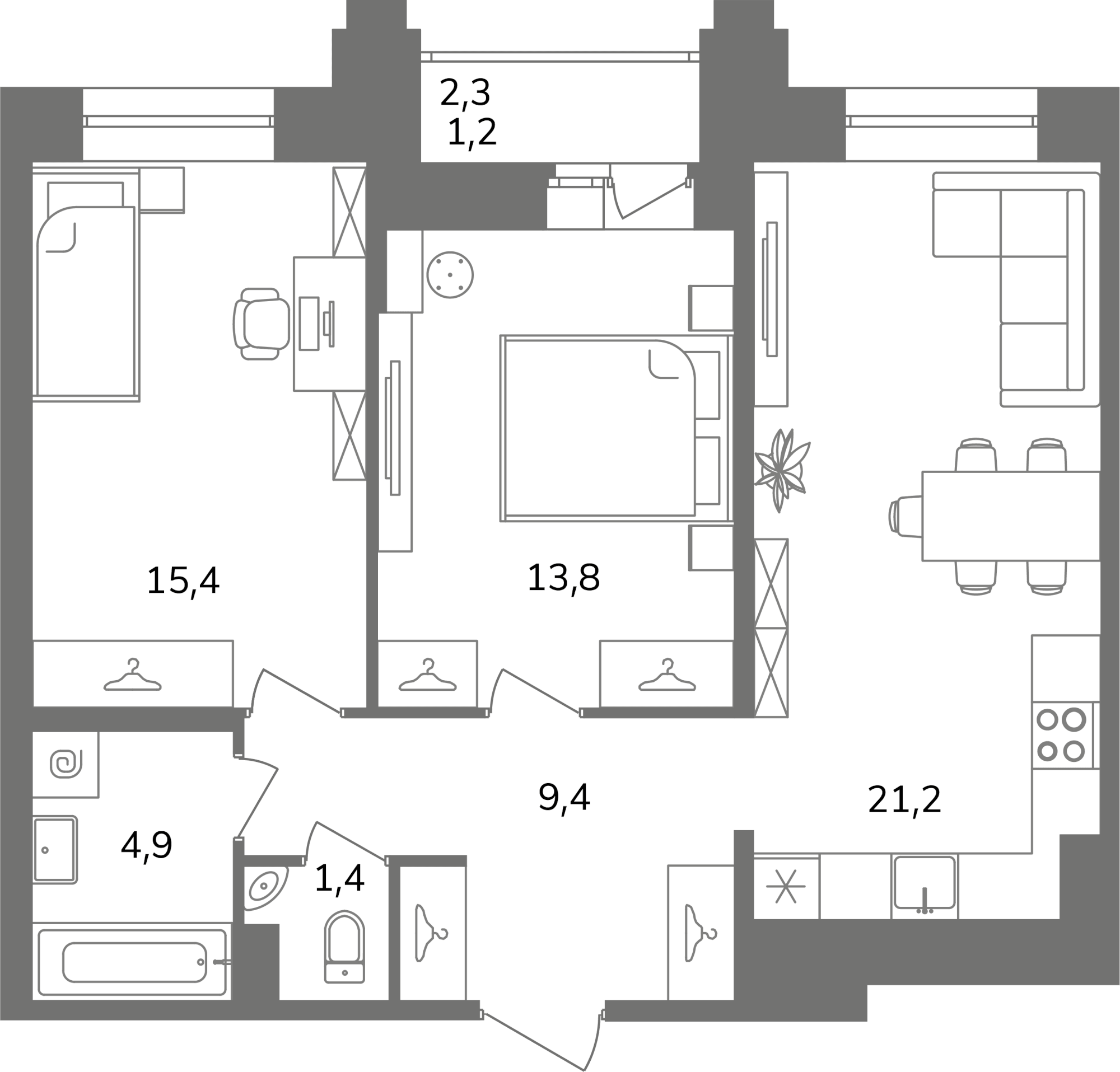 3-комнатная (Евро) квартира, 67.3 м² в ЖК "Антверпен" - планировка, фото №1