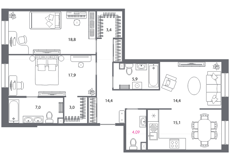 3-комнатная квартира, 103.7 м² в ЖК "Северная корона" - планировка, фото №1