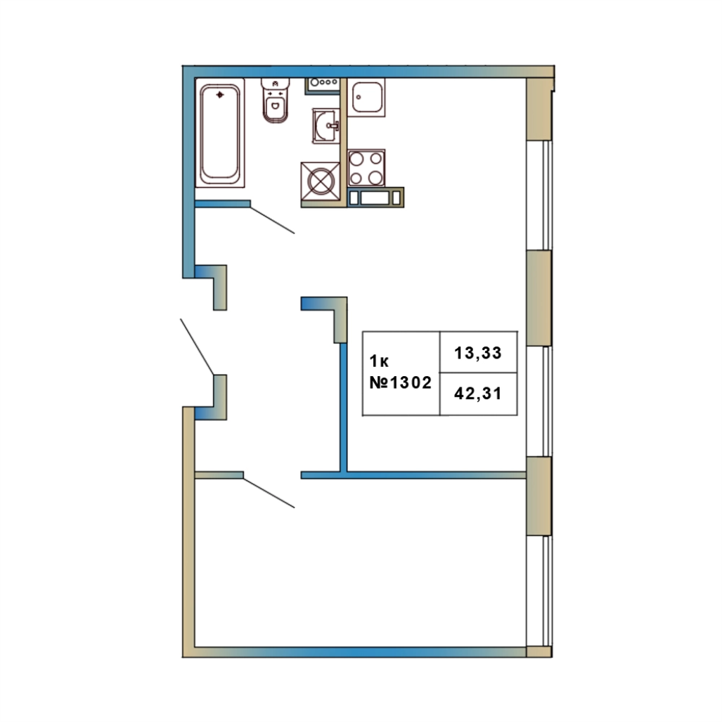 1-комнатная квартира, 42.31 м² в ЖК "Атмосфера Выборга" - планировка, фото №1