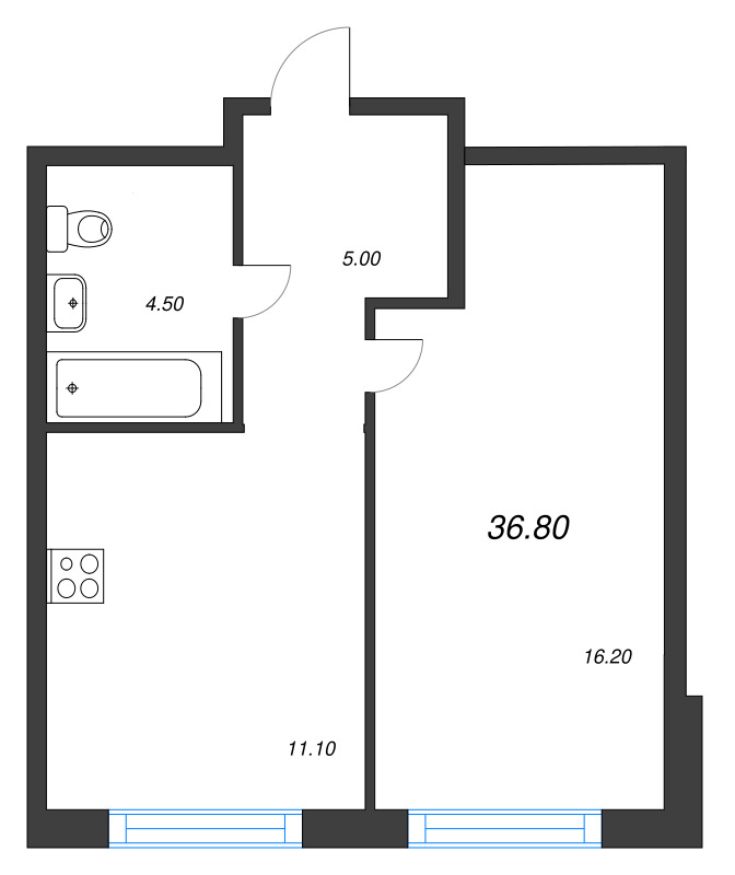 1-комнатная квартира, 36.8 м² в ЖК "Ягодное Река Парк" - планировка, фото №1