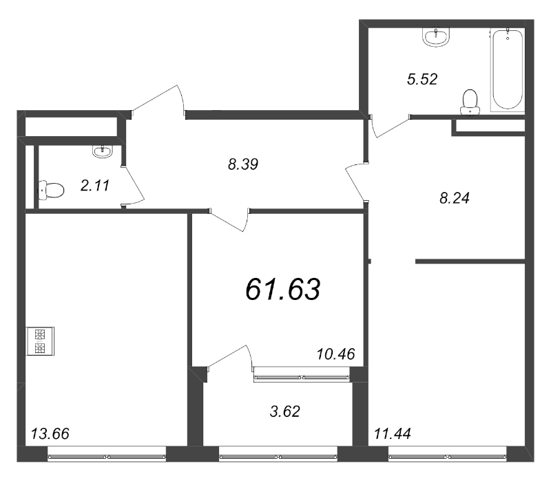 2-комнатная квартира, 61.63 м² - планировка, фото №1