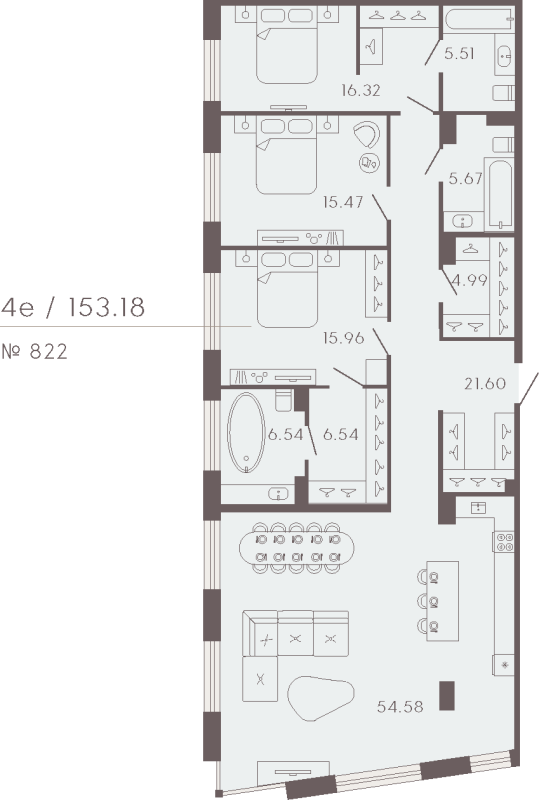 4-комнатная (Евро) квартира, 153.18 м² в ЖК "17/33 Петровский остров" - планировка, фото №1