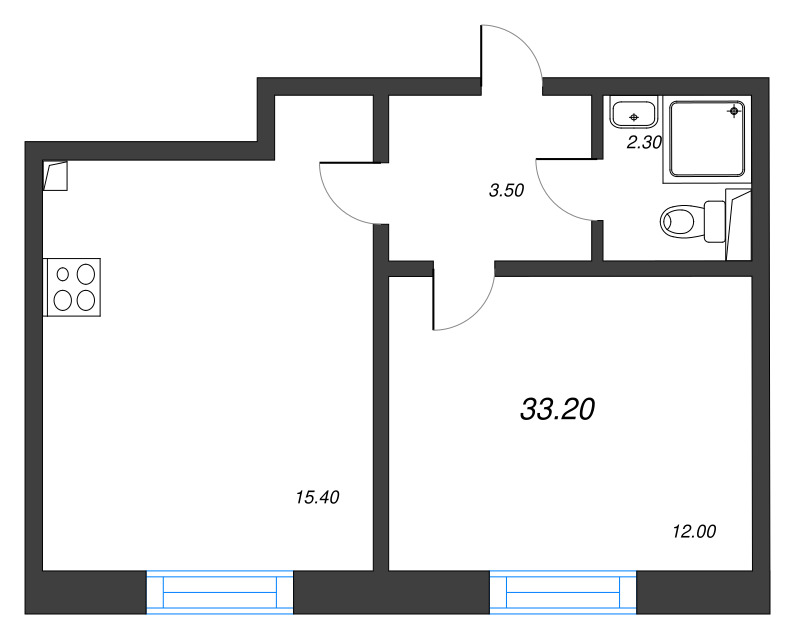 2-комнатная (Евро) квартира, 33.2 м² в ЖК "ЛСР. Ржевский парк" - планировка, фото №1