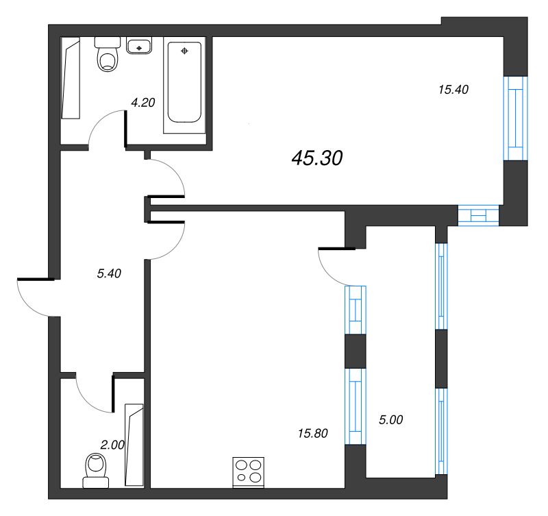 2-комнатная (Евро) квартира, 45.3 м² - планировка, фото №1