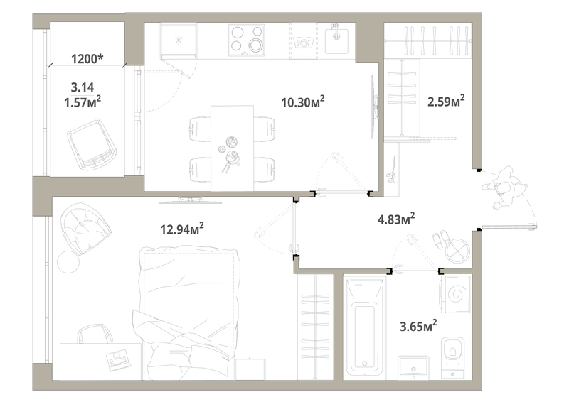 1-комнатная квартира, 35.88 м² в ЖК "Тишин" - планировка, фото №1