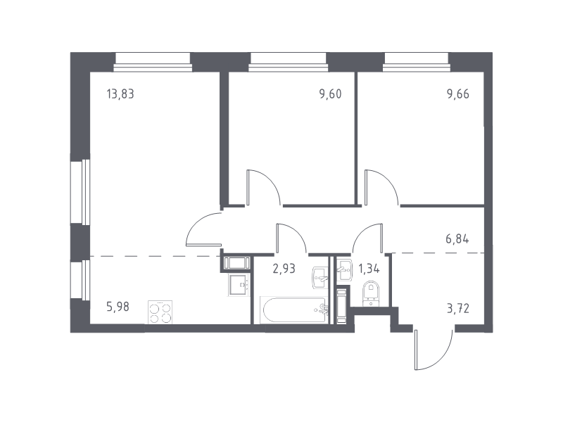 3-комнатная (Евро) квартира, 53.9 м² в ЖК "Новые Лаврики" - планировка, фото №1