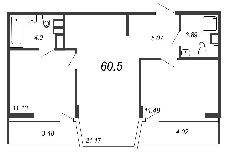 3-комнатная (Евро) квартира, 59.3 м² - планировка, фото №1