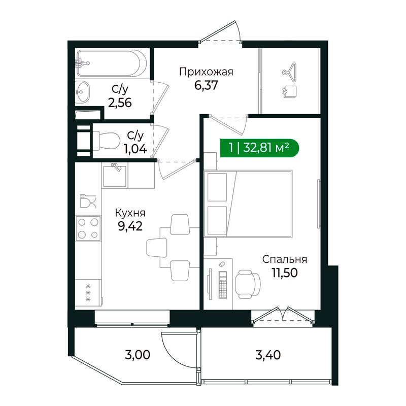 1-комнатная квартира, 30.7 м² в ЖК "Сертолово Парк" - планировка, фото №1
