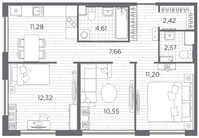 3-комнатная квартира, 62.61 м² - планировка, фото №1