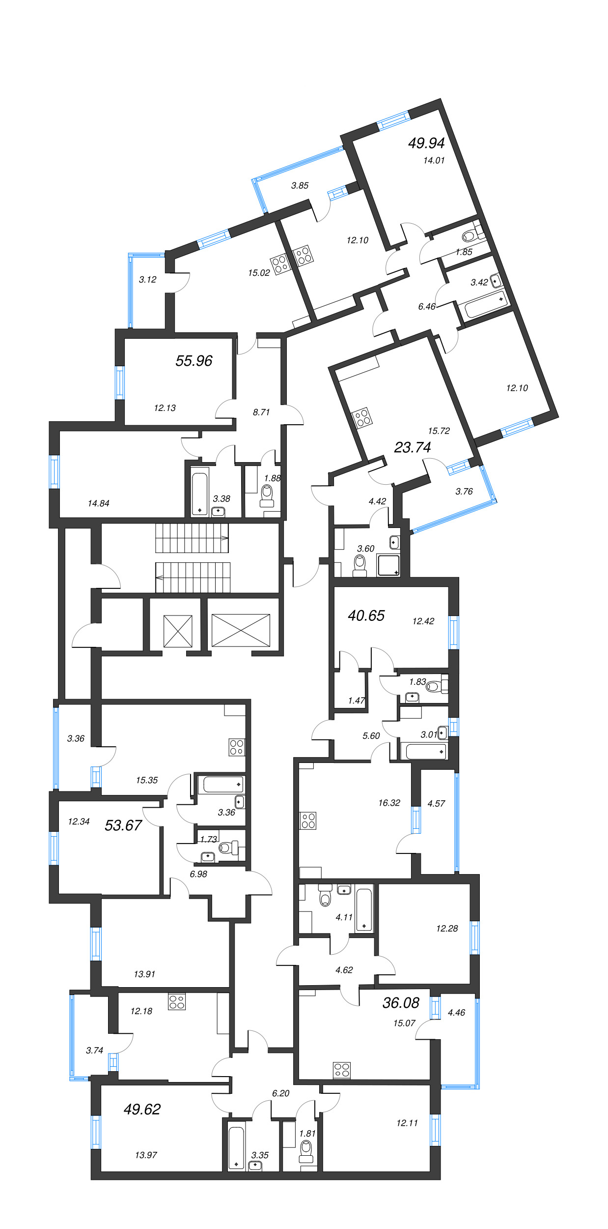 2-комнатная (Евро) квартира, 36.08 м² - планировка этажа