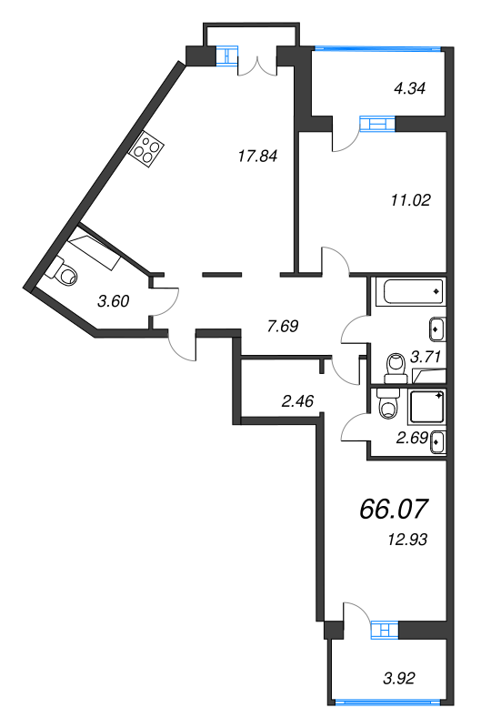 3-комнатная (Евро) квартира, 70.2 м² - планировка, фото №1