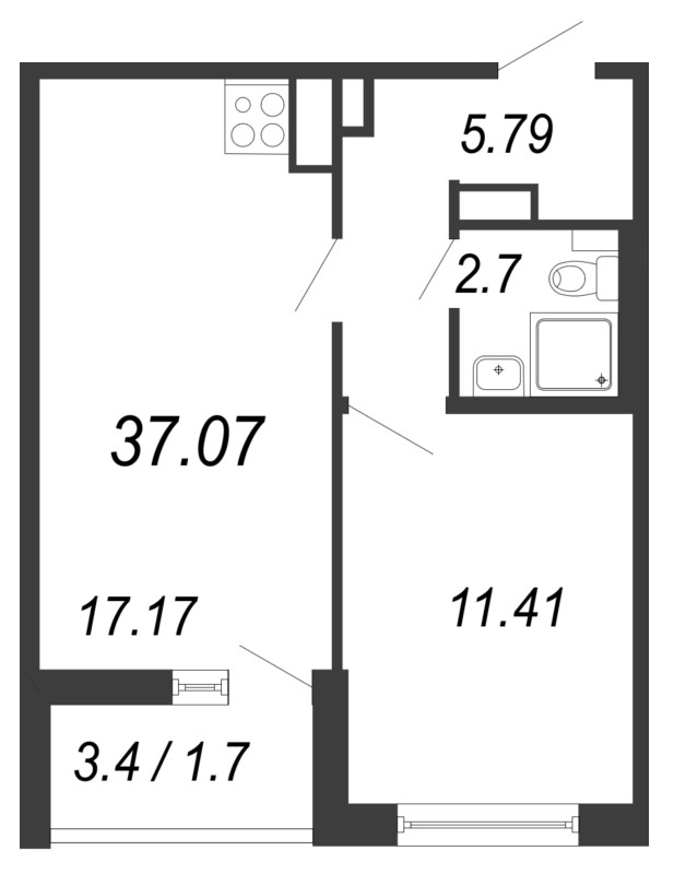2-комнатная (Евро) квартира, 37.07 м² - планировка, фото №1