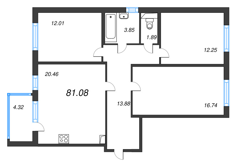 4-комнатная (Евро) квартира, 81.08 м² в ЖК "ЮгТаун" - планировка, фото №1