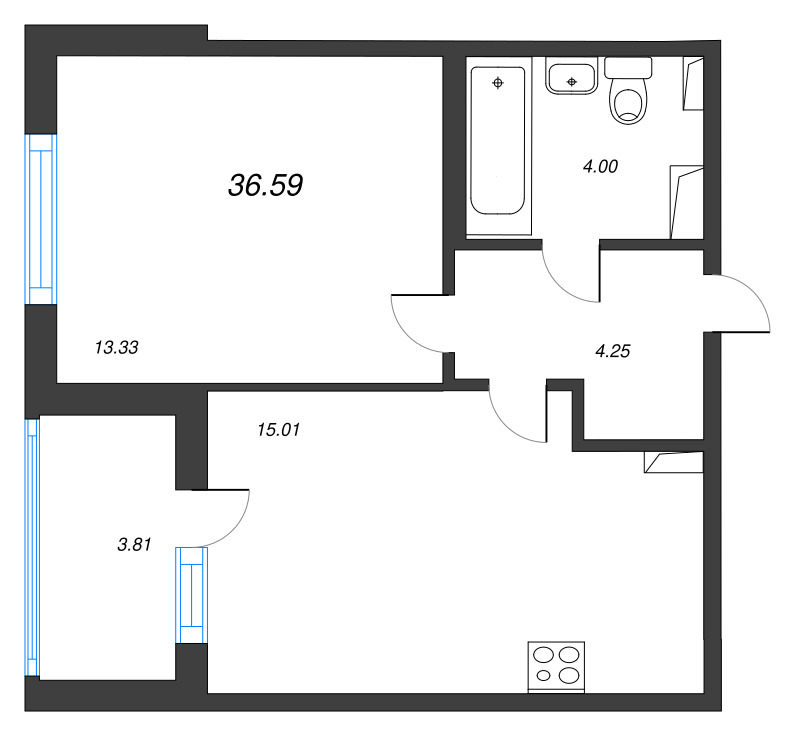 2-комнатная (Евро) квартира, 36.59 м² в ЖК "Любоград" - планировка, фото №1