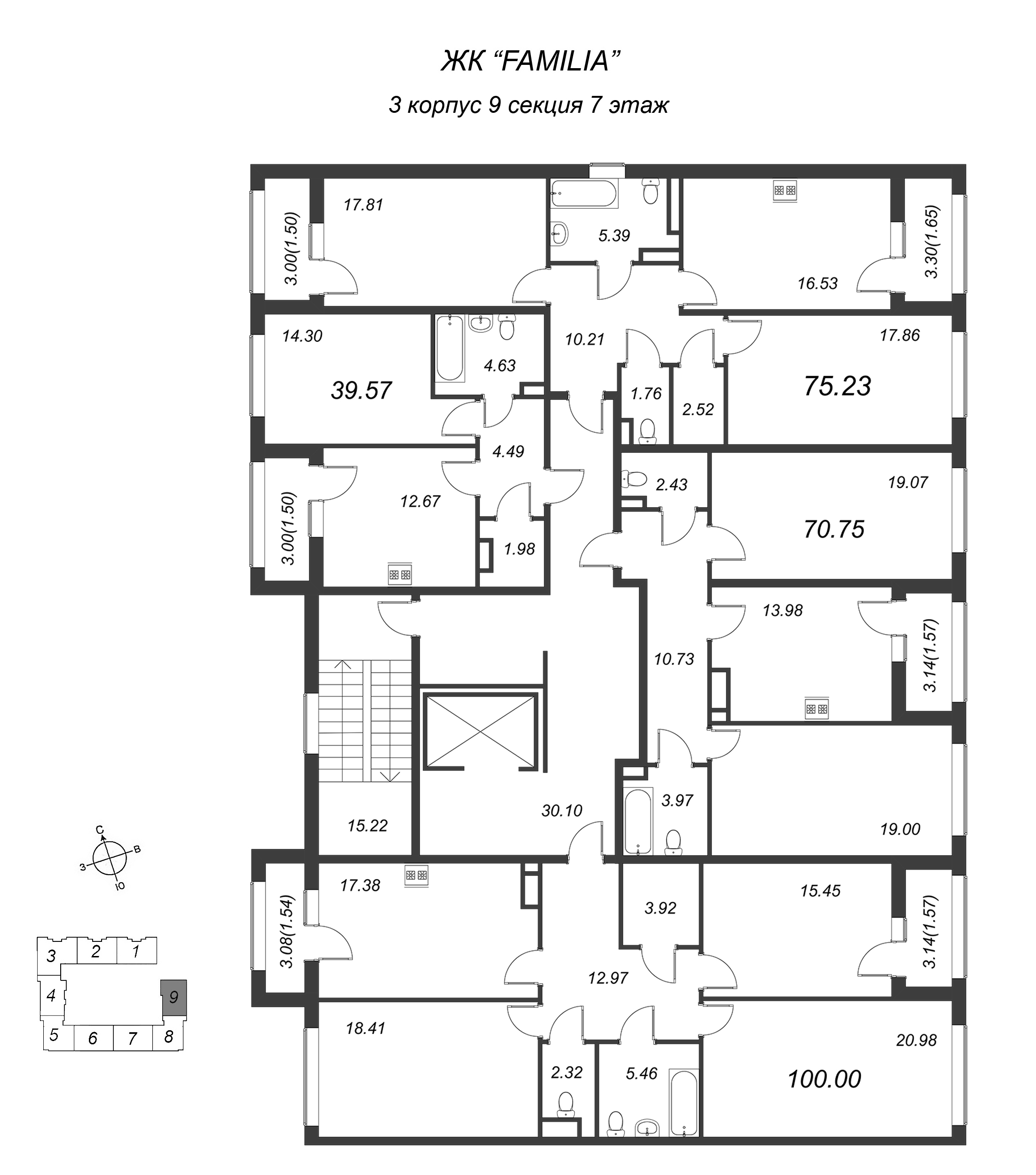 1-комнатная квартира, 39.6 м² в ЖК "FAMILIA" - планировка этажа