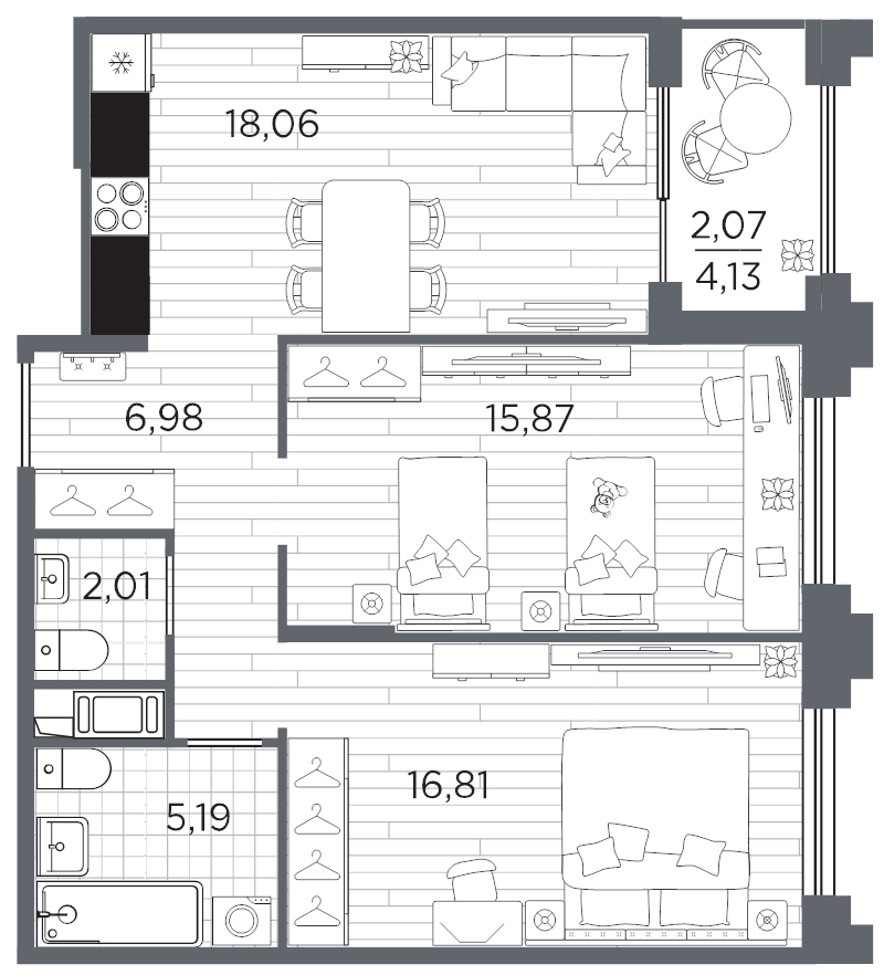 3-комнатная (Евро) квартира, 66.99 м² в ЖК "Ассамблея" - планировка, фото №1