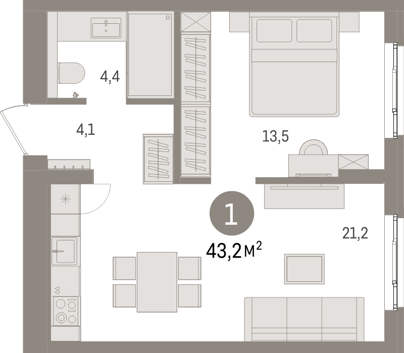 2-комнатная (Евро) квартира, 43.2 м² в ЖК "Брусника в Новоселье" - планировка, фото №1