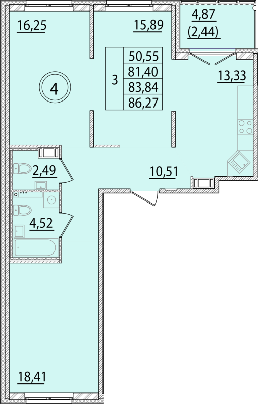 3-комнатная квартира, 81.4 м² - планировка, фото №1