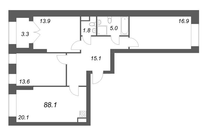 4-комнатная (Евро) квартира, 88.1 м² - планировка, фото №1